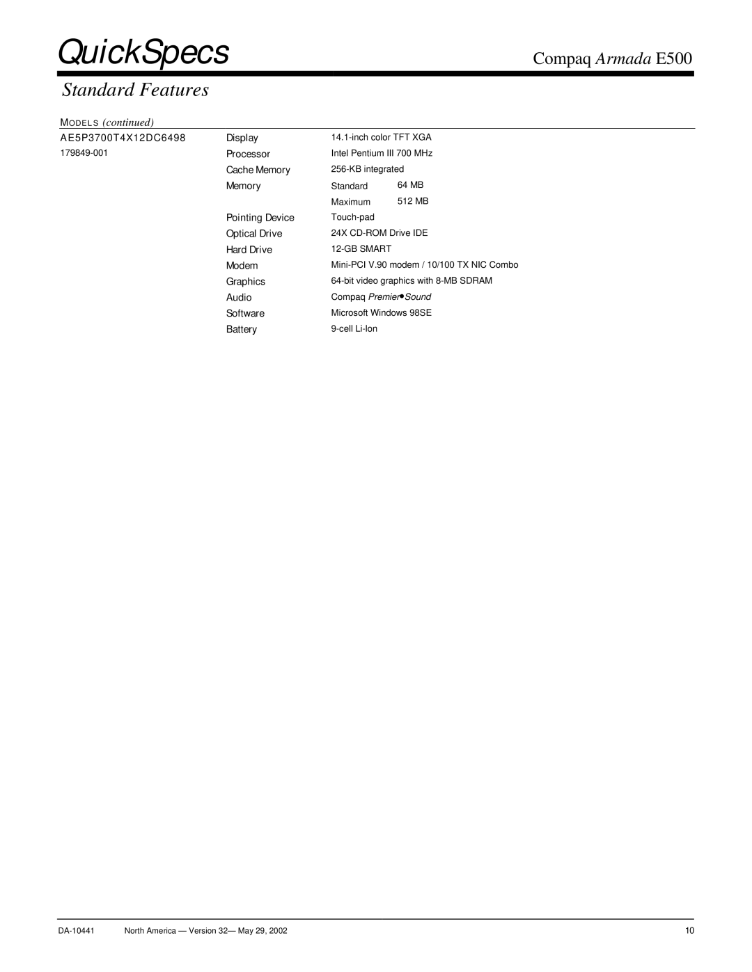 Compaq E500 warranty AE5P3700T4X12DC6498 Display 