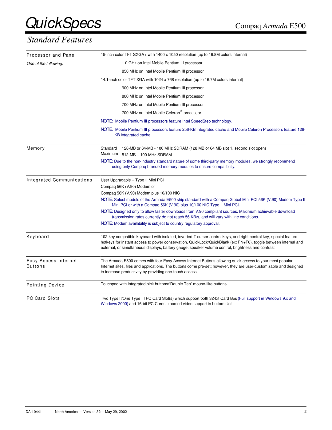 Compaq E500 warranty Standard Features 