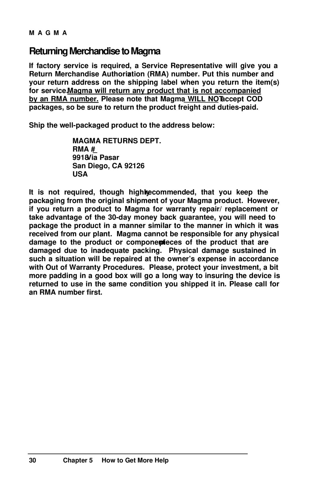 Compaq EB1H, EB1F user manual ReturningMerchandisetoMagma, Magma Returns DEPT. RMA # 