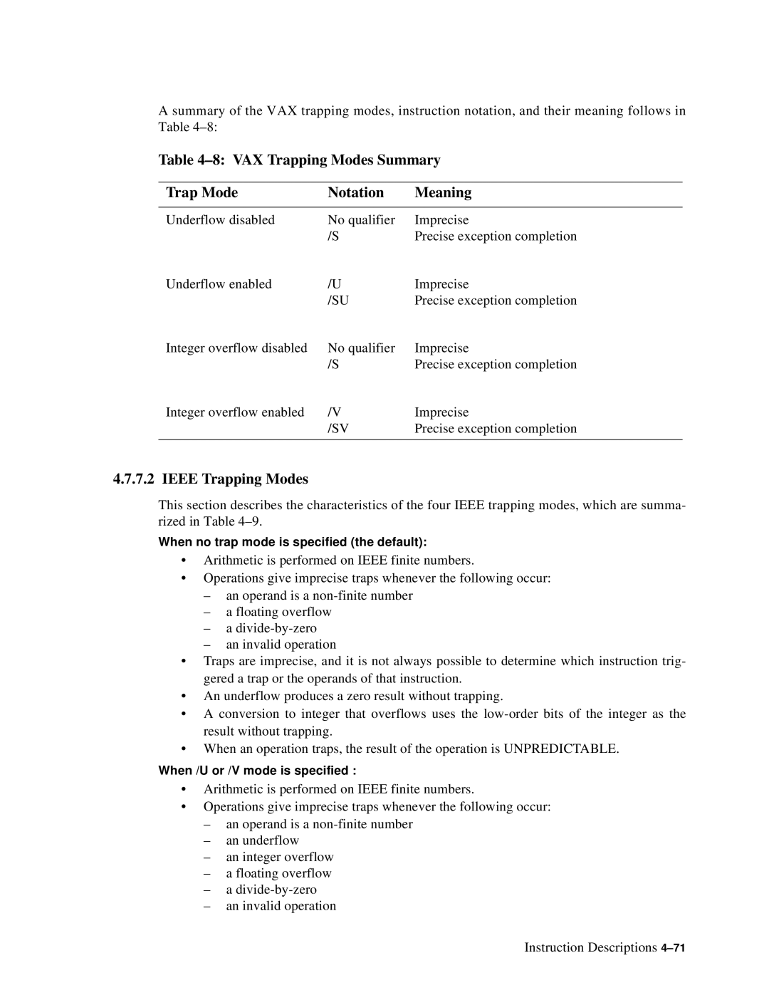 Compaq ECQD2KCTE manual VAX Trapping Modes Summary Trap Mode Notation Meaning, Ieee Trapping Modes 