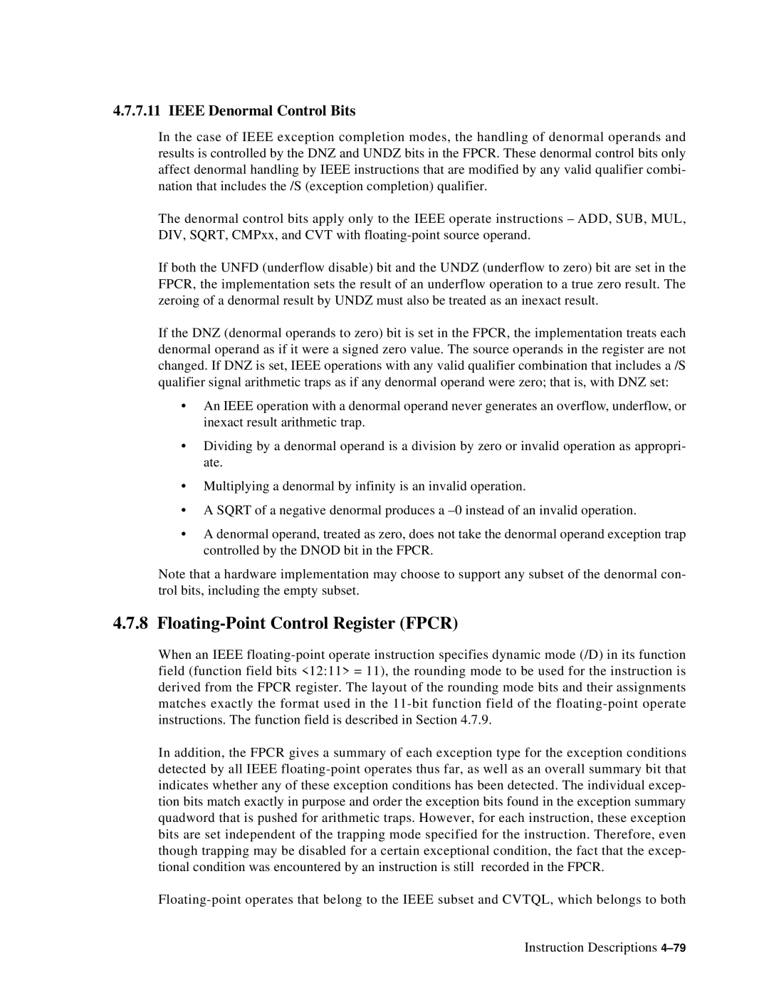 Compaq ECQD2KCTE manual Floating-Point Control Register Fpcr, Ieee Denormal Control Bits 