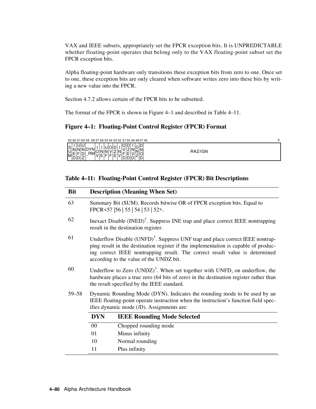 Compaq ECQD2KCTE manual Floating-Point Control Register Fpcr Format, Ieee Rounding Mode Selected 