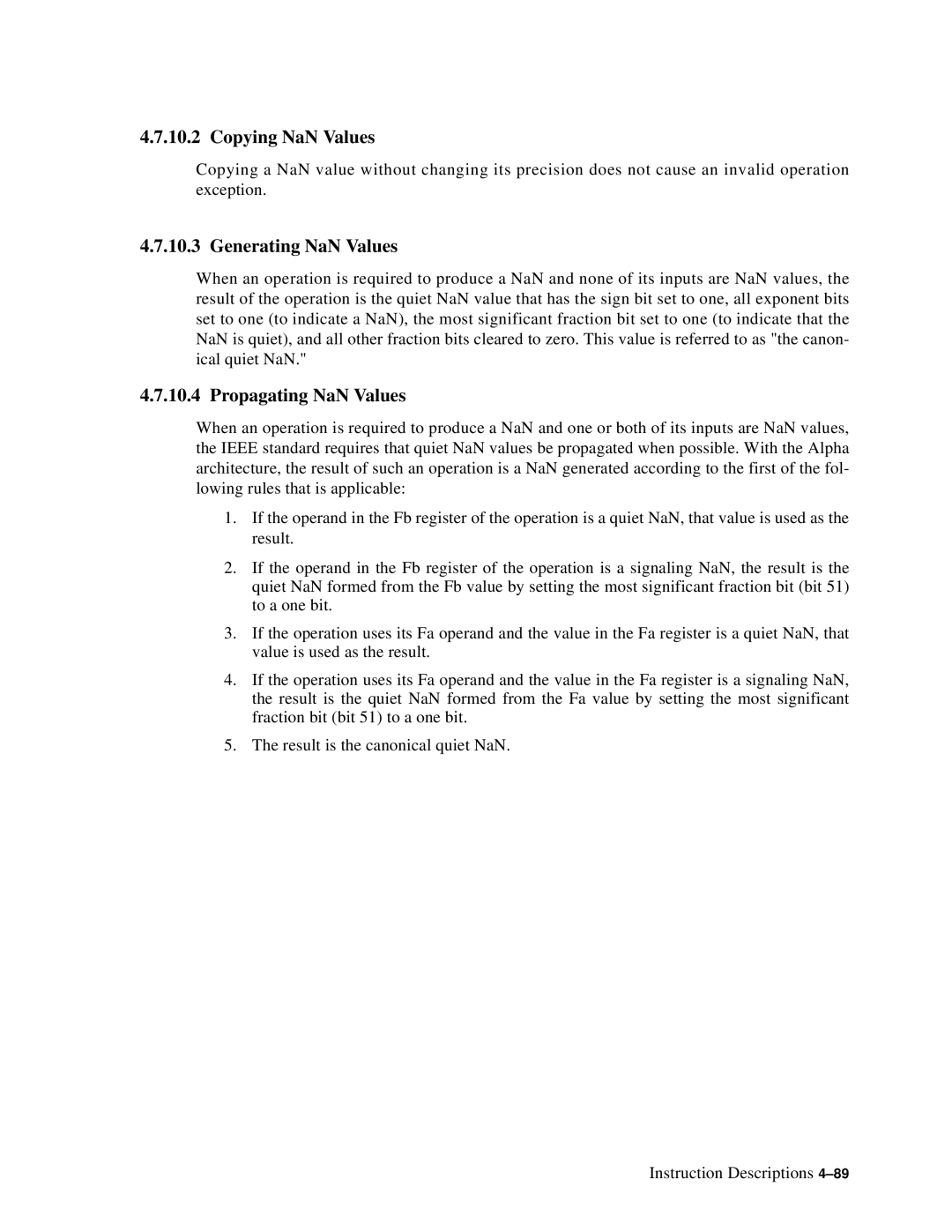 Compaq ECQD2KCTE manual Copying NaN Values, Generating NaN Values, Propagating NaN Values 