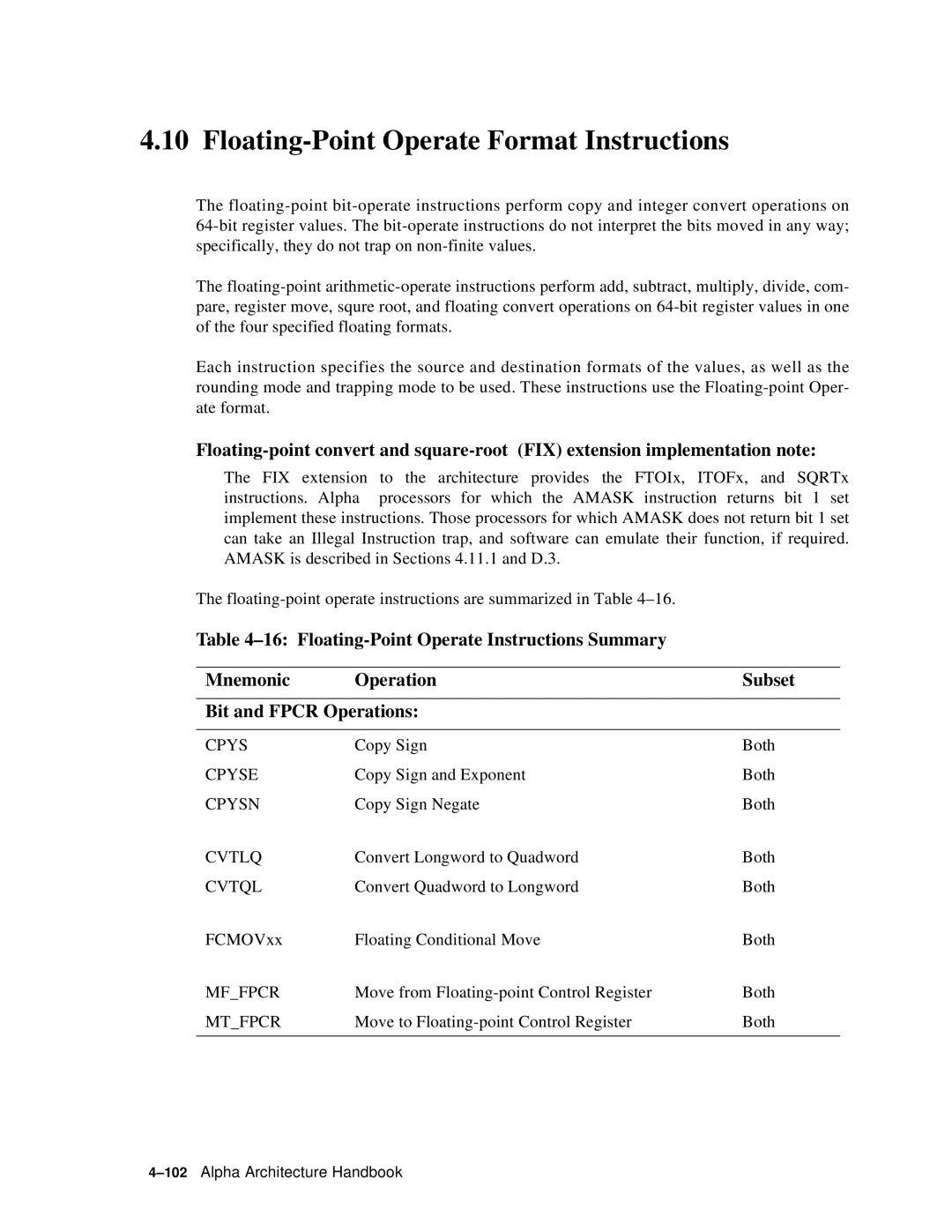 Compaq ECQD2KCTE manual Floating-Point Operate Format Instructions 