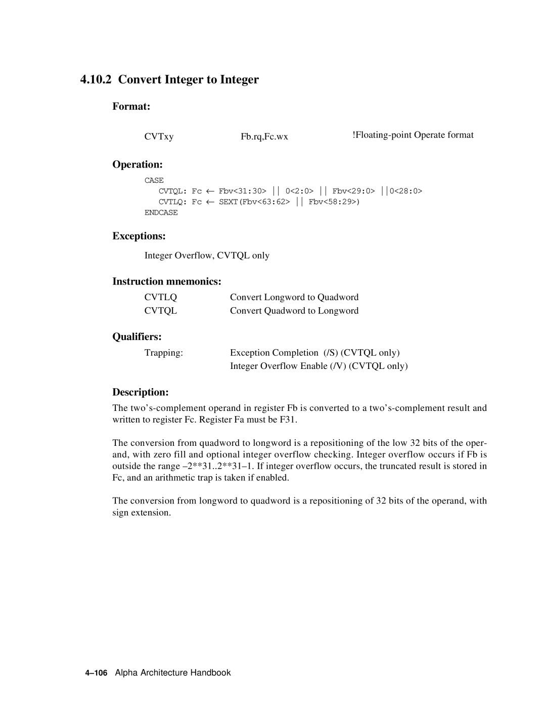 Compaq ECQD2KCTE manual Convert Integer to Integer, Cvtlq 