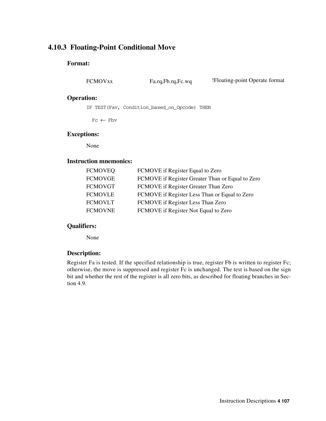 Compaq ECQD2KCTE manual Floating-Point Conditional Move 