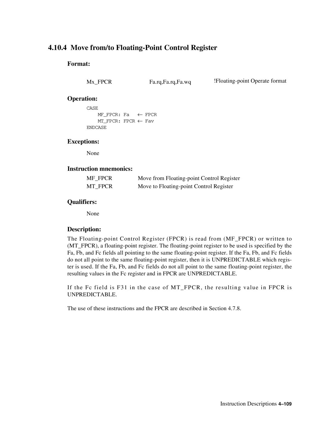 Compaq ECQD2KCTE manual Move from/to Floating-Point Control Register, Mffpcr 