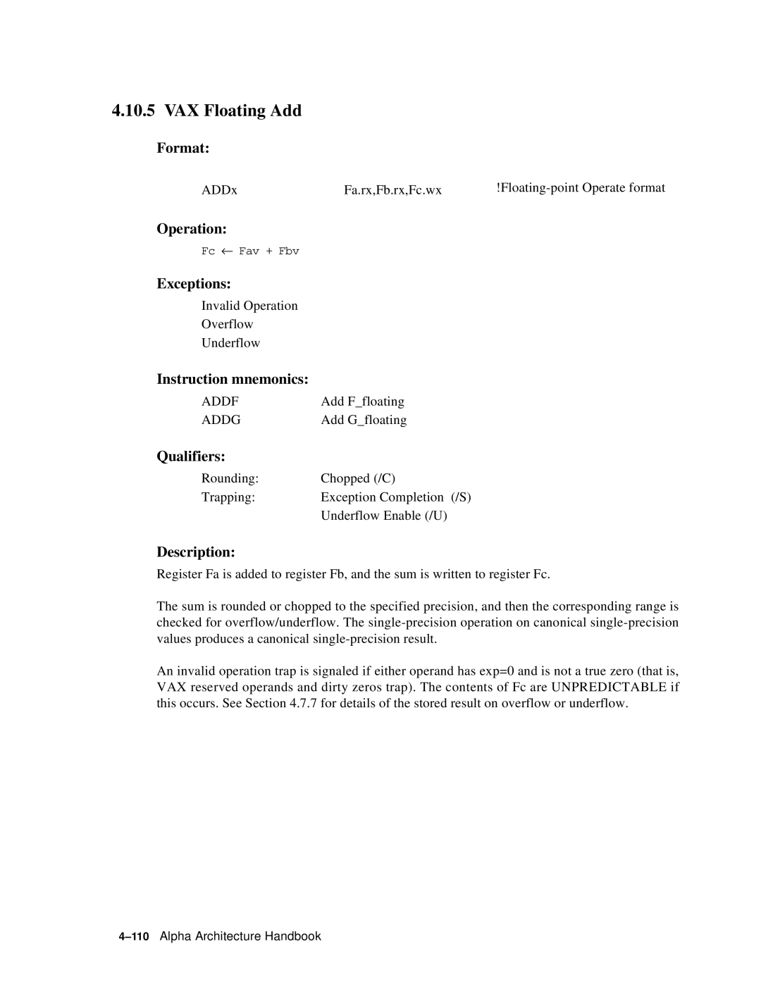 Compaq ECQD2KCTE manual VAX Floating Add, Addf 