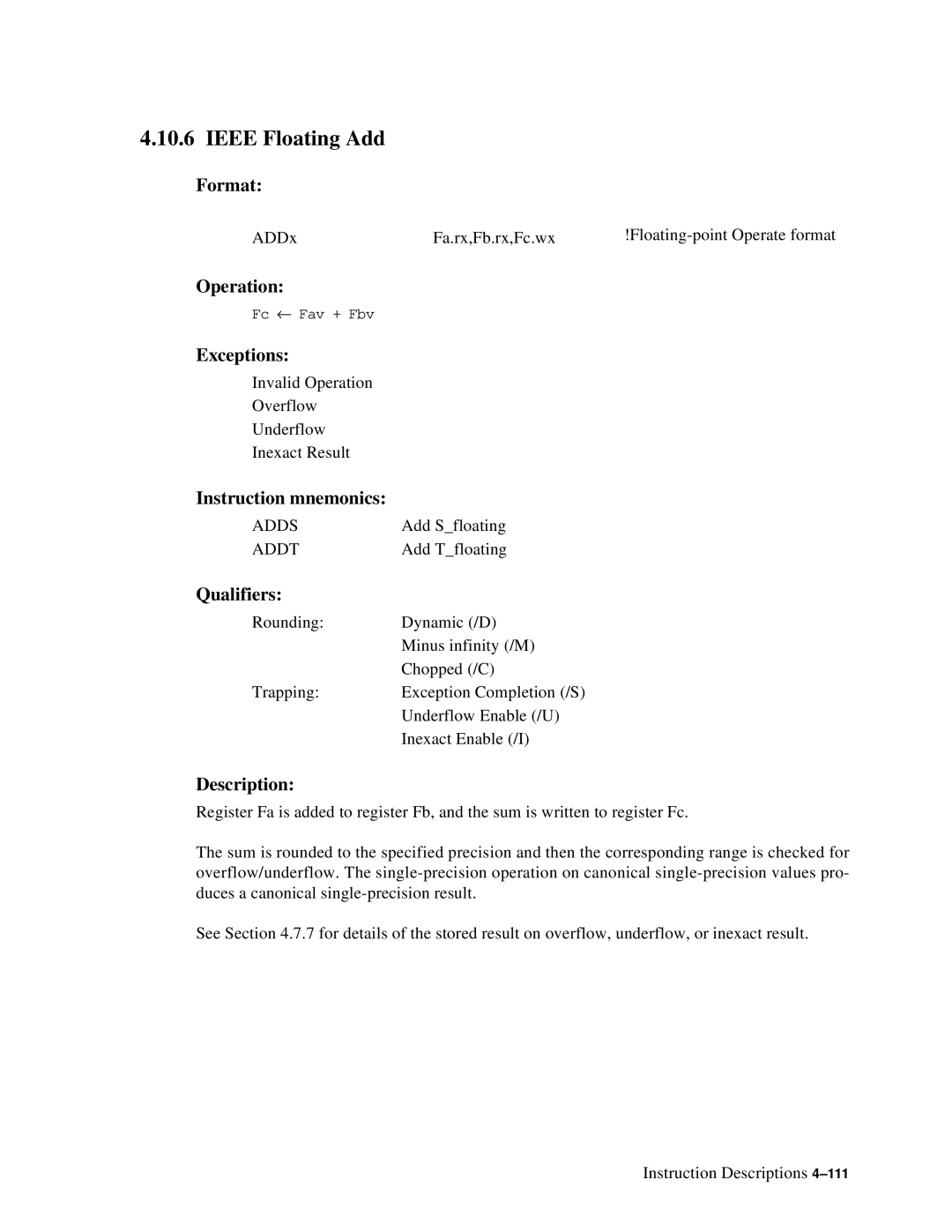 Compaq ECQD2KCTE manual Ieee Floating Add, Adds 