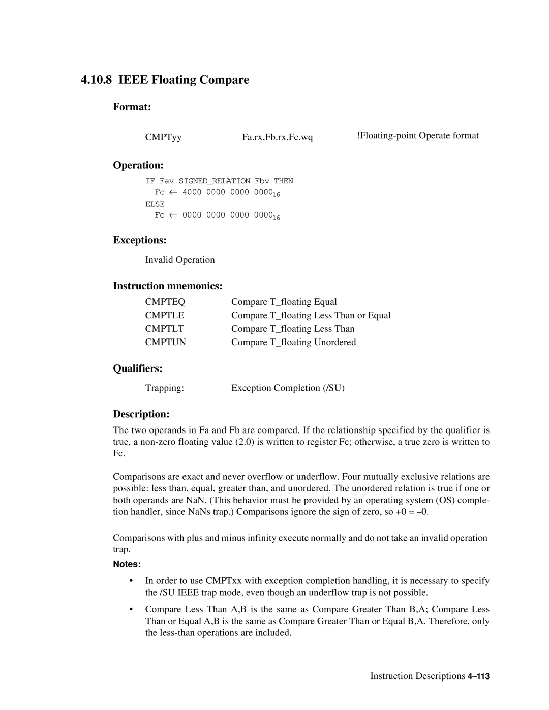 Compaq ECQD2KCTE manual Ieee Floating Compare, Cmpteq, Cmptle, Cmptlt, Cmptun 