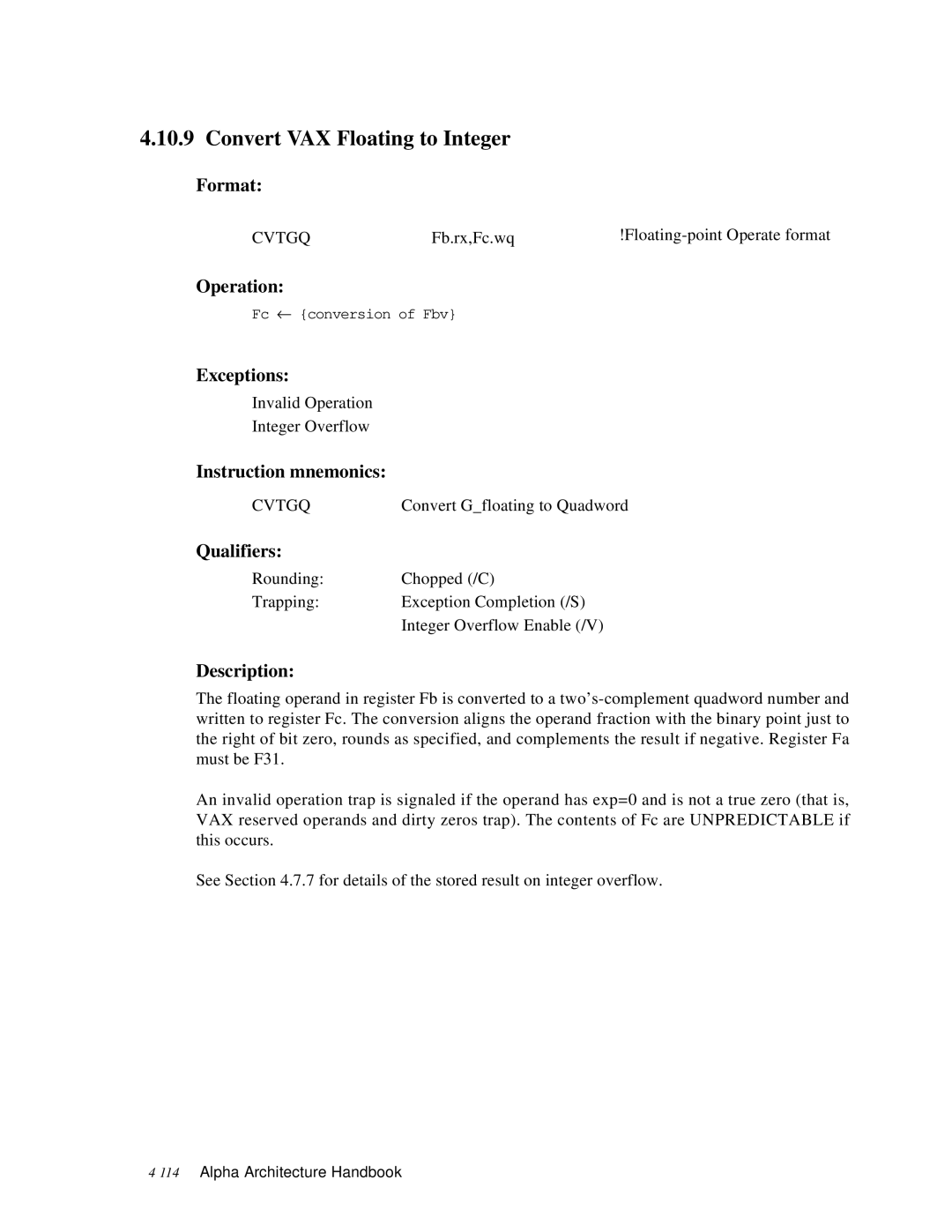 Compaq ECQD2KCTE manual Convert VAX Floating to Integer, Cvtgq 