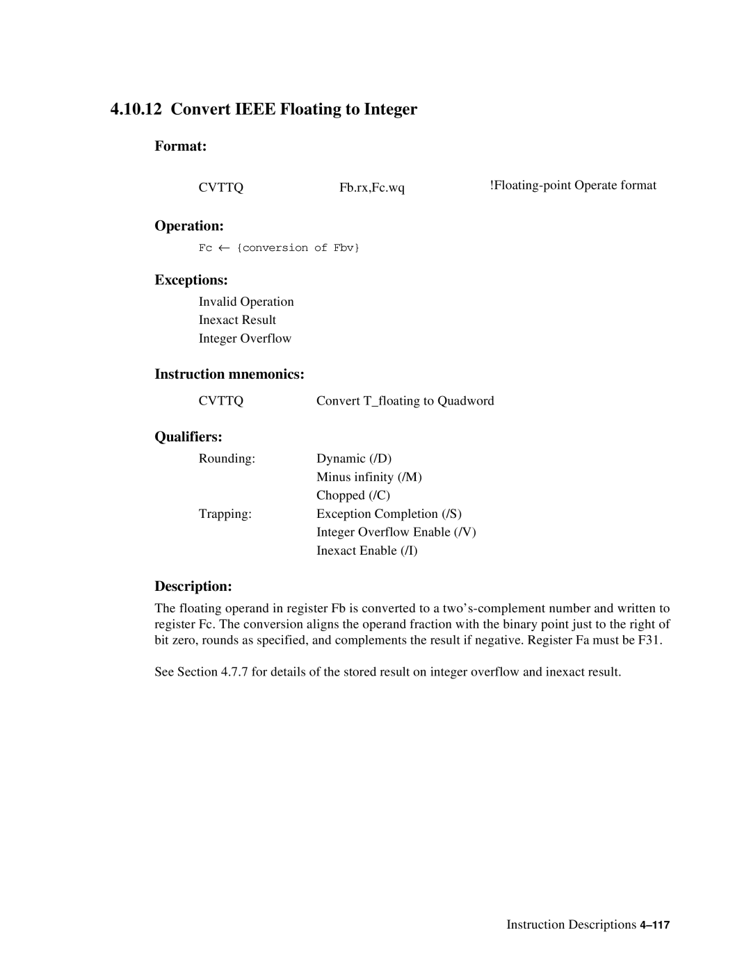 Compaq ECQD2KCTE manual Convert Ieee Floating to Integer, Cvttq 