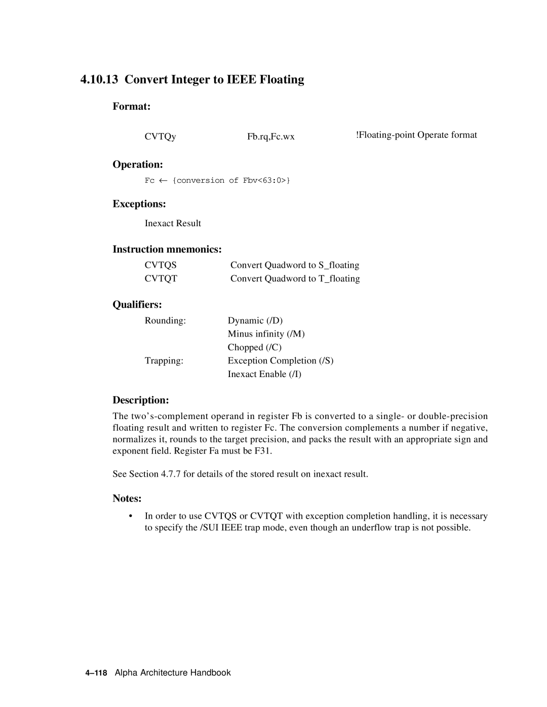 Compaq ECQD2KCTE manual Convert Integer to Ieee Floating, Cvtqs 