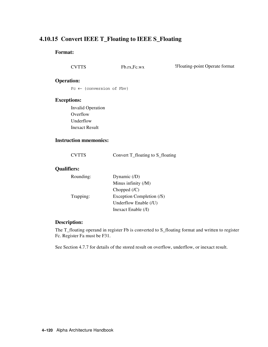 Compaq ECQD2KCTE manual Convert Ieee TFloating to Ieee SFloating, Cvtts 