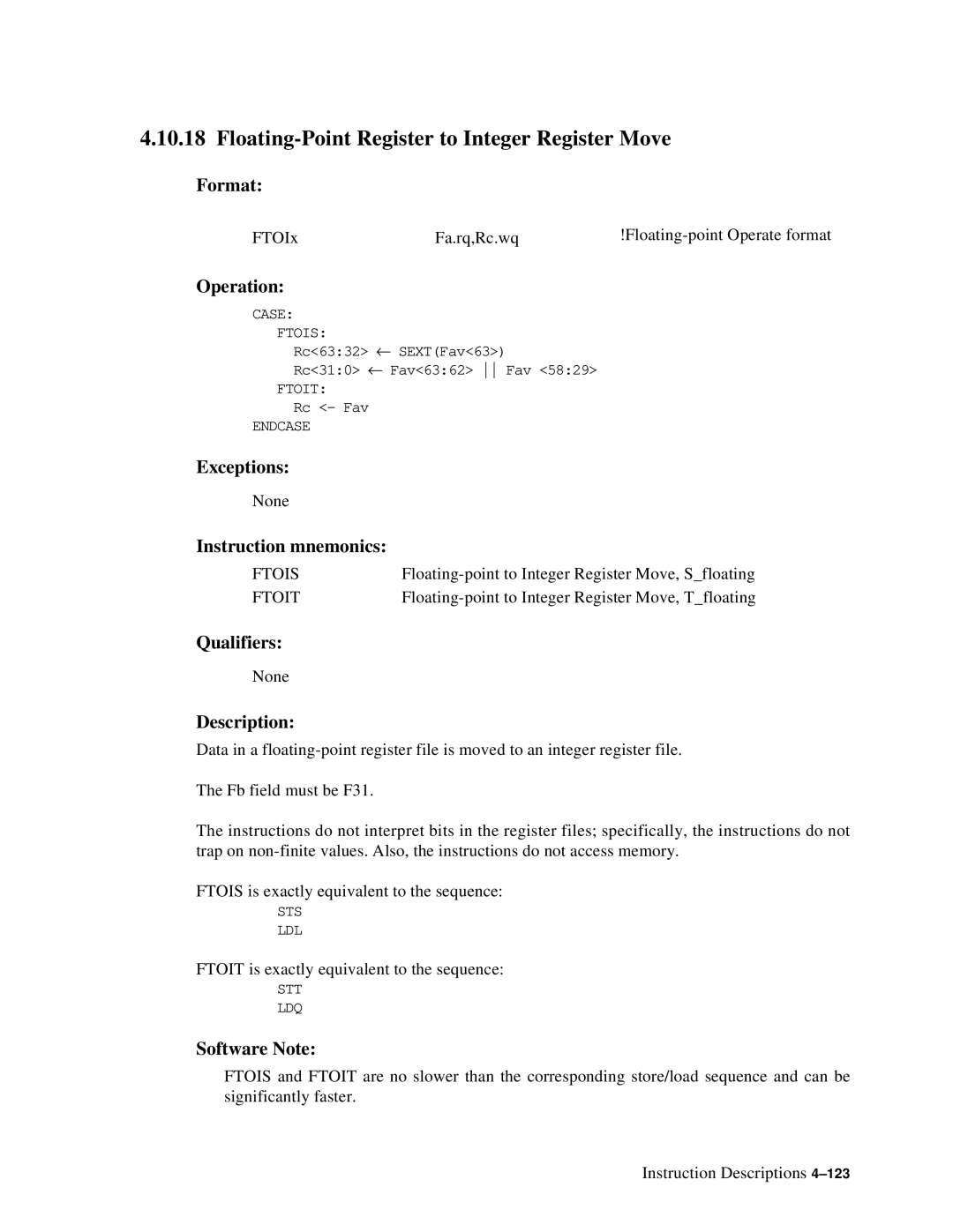 Compaq ECQD2KCTE manual Floating-Point Register to Integer Register Move, Ftois 