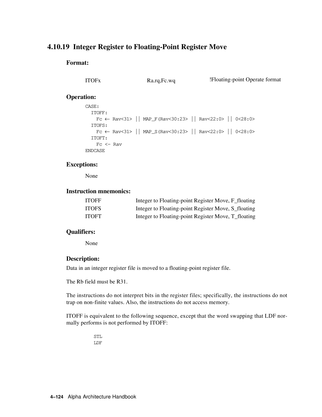 Compaq ECQD2KCTE manual Integer Register to Floating-Point Register Move, Itoff 