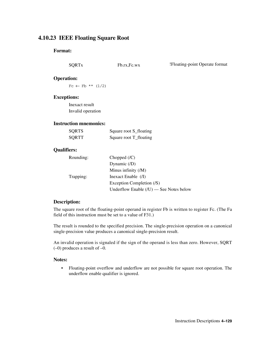 Compaq ECQD2KCTE manual Ieee Floating Square Root, Sqrts 