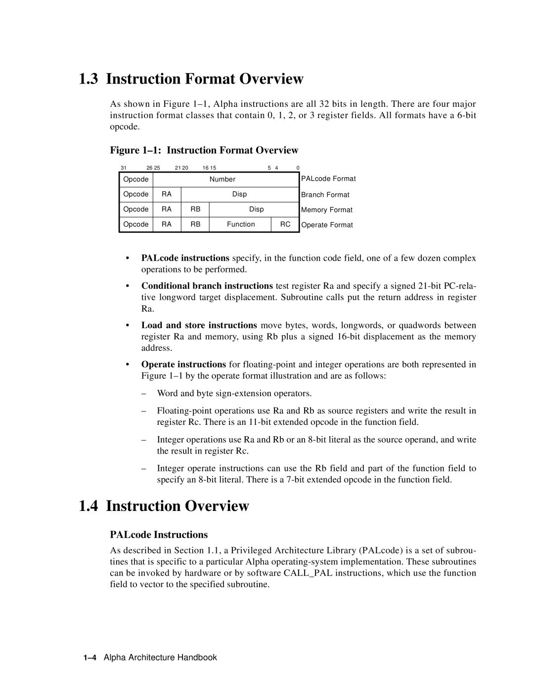 Compaq ECQD2KCTE manual Instruction Format Overview, Instruction Overview, PALcode Instructions 