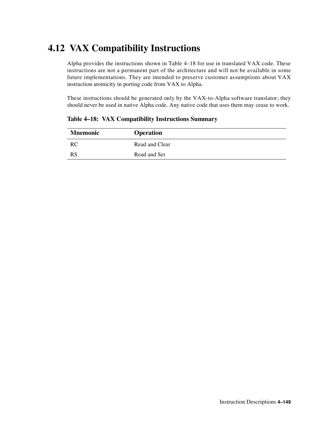 Compaq ECQD2KCTE manual VAX Compatibility Instructions Summary Mnemonic Operation 