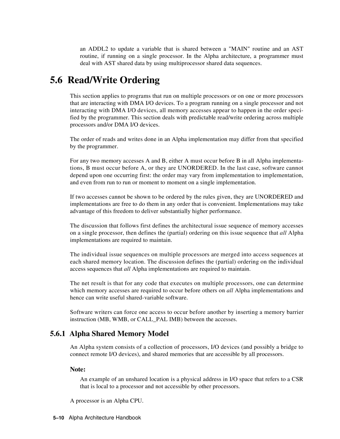 Compaq ECQD2KCTE manual Read/Write Ordering, Alpha Shared Memory Model 