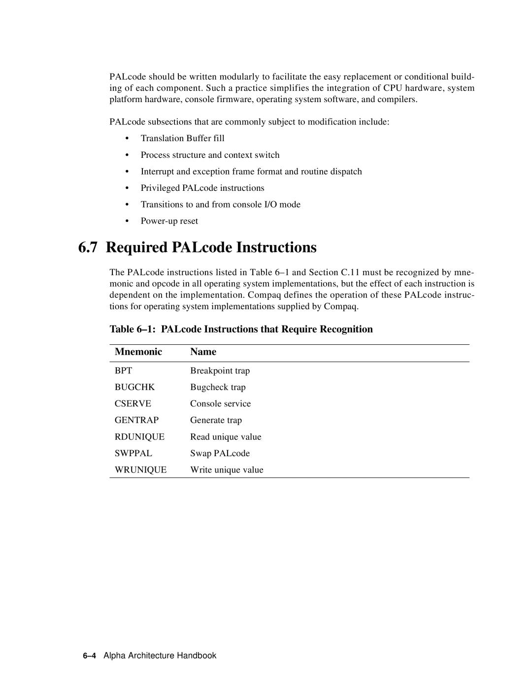 Compaq ECQD2KCTE manual Required PALcode Instructions, PALcode Instructions that Require Recognition Mnemonic Name 