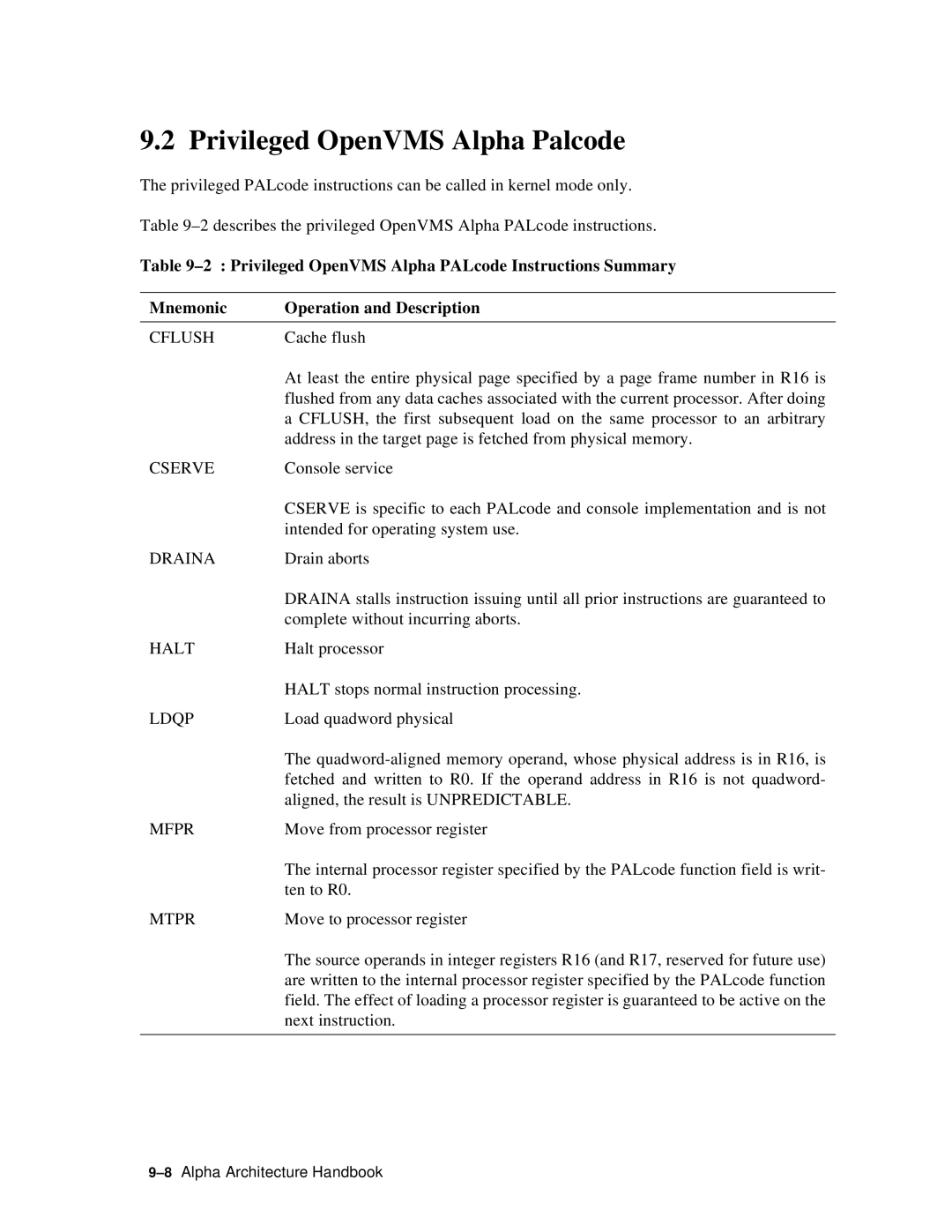 Compaq ECQD2KCTE manual Privileged OpenVMS Alpha Palcode, Cflush, Ldqp, Mfpr, Mtpr 