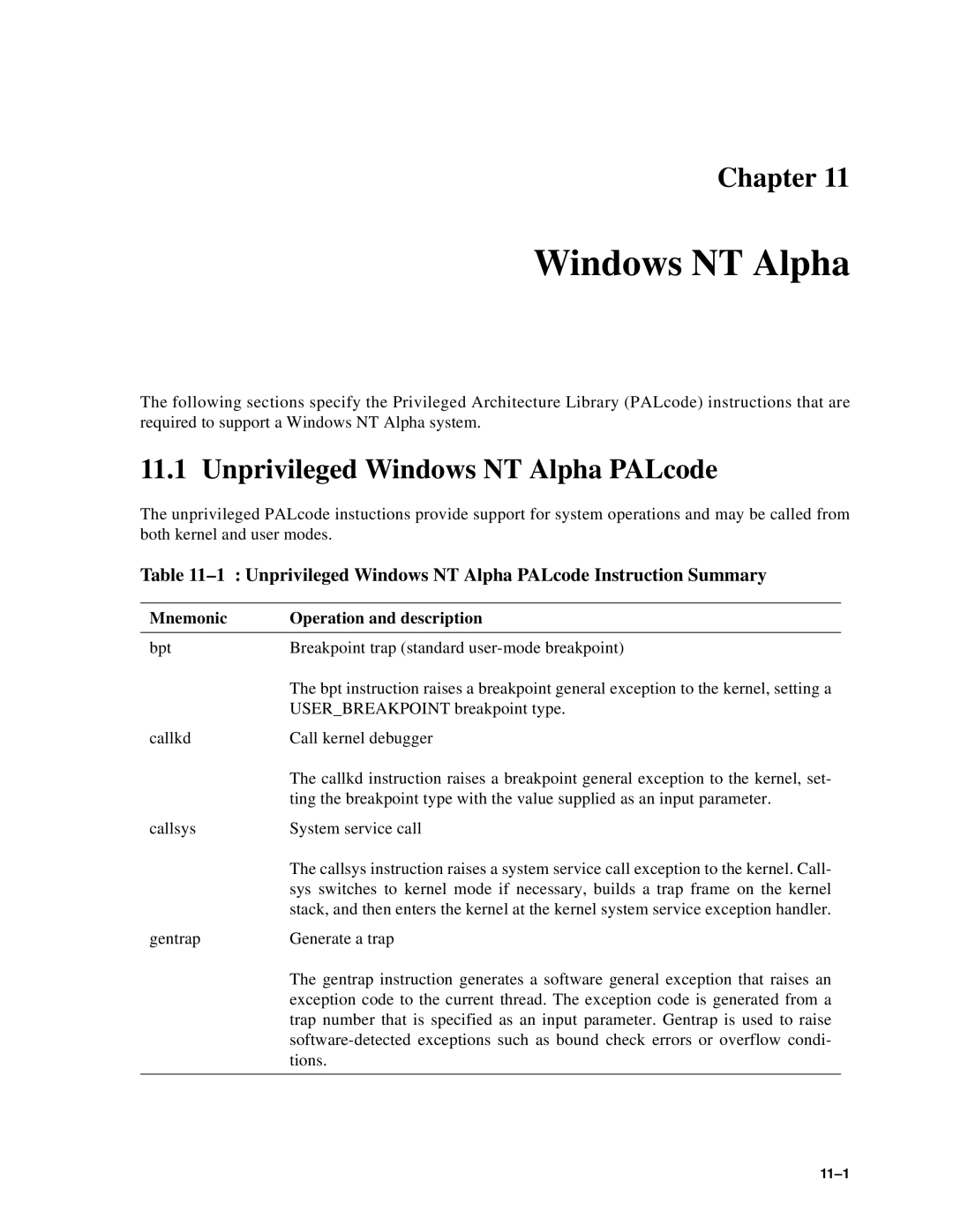 Compaq ECQD2KCTE manual Unprivileged Windows NT Alpha PALcode Instruction Summary 