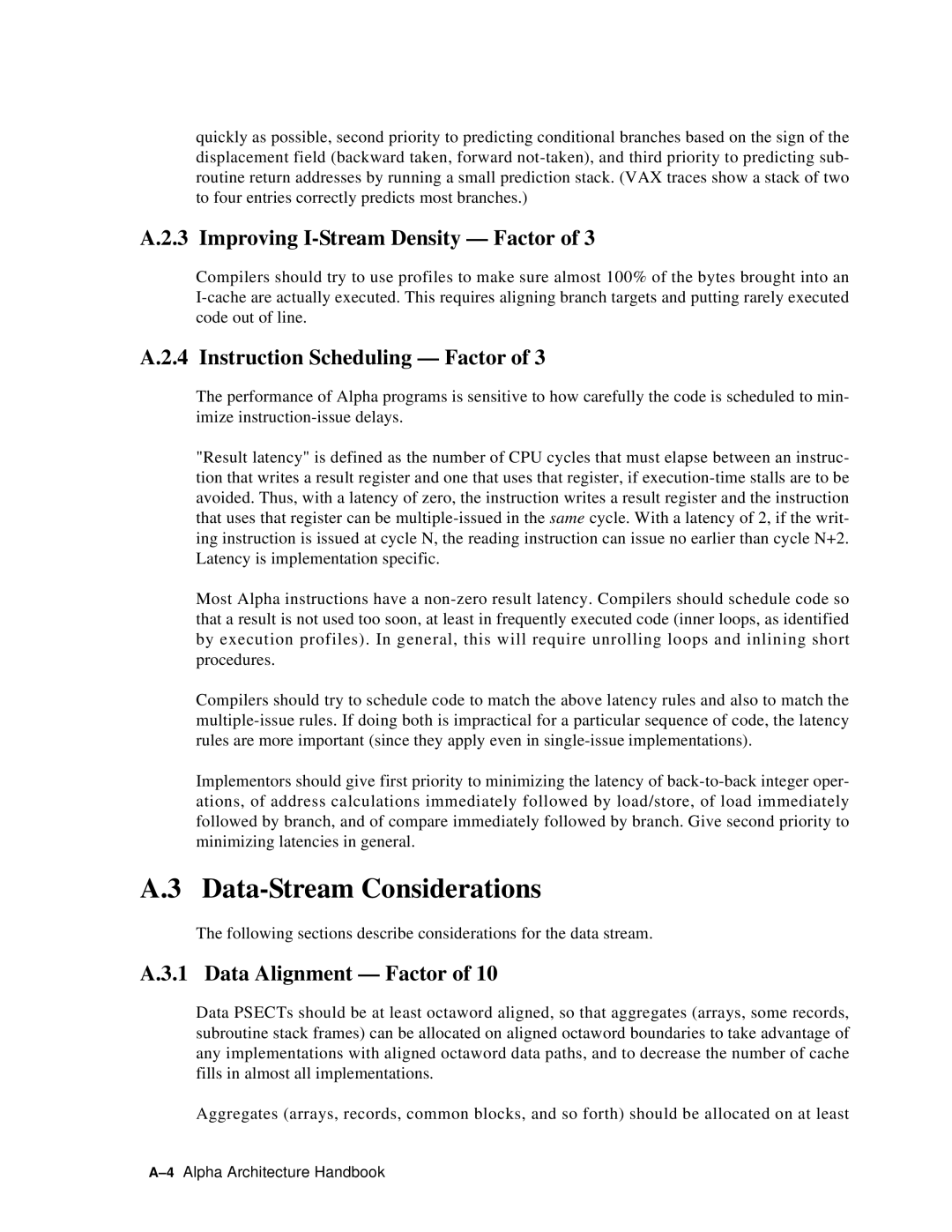 Compaq ECQD2KCTE manual Data-Stream Considerations, Improving I-Stream Density Factor, Instruction Scheduling Factor 