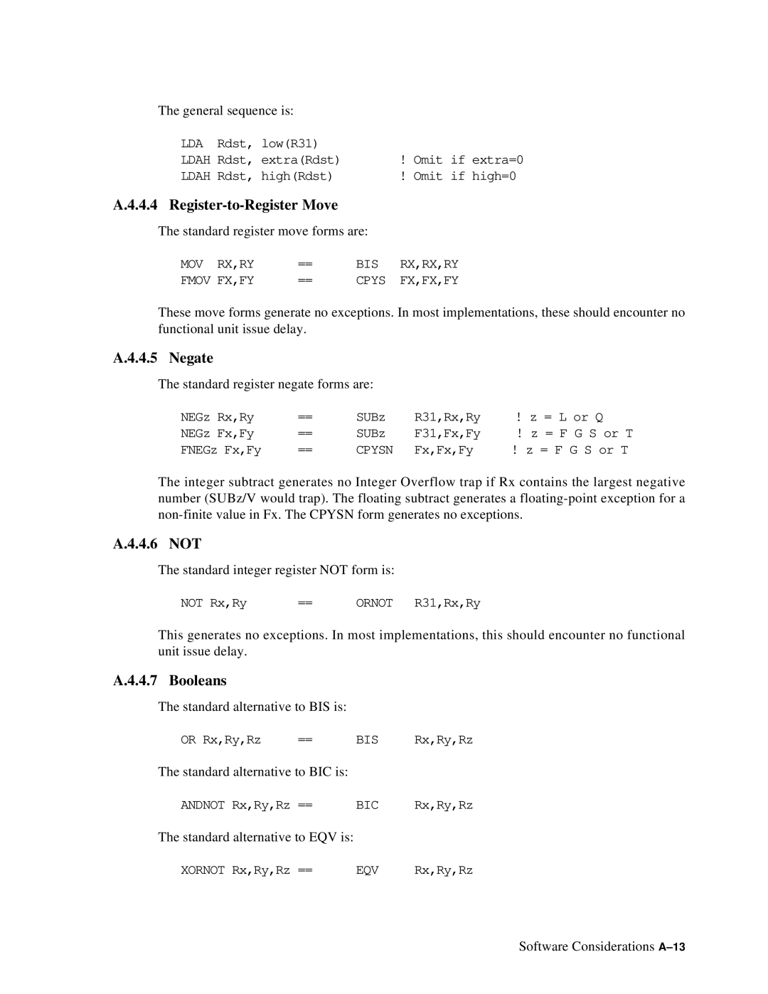 Compaq ECQD2KCTE manual Register-to-Register Move, Negate, 4.6 not, Booleans 