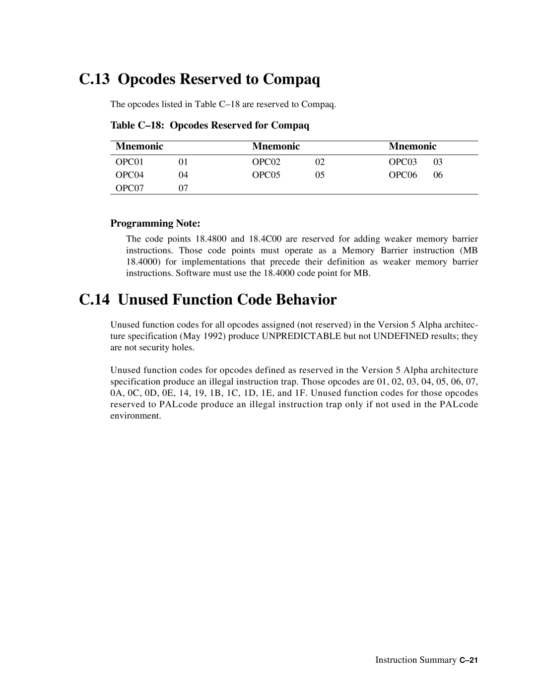 Compaq ECQD2KCTE Opcodes Reserved to Compaq, Unused Function Code Behavior, OPC01 OPC02 OPC03 OPC04 OPC05 OPC06 OPC07 