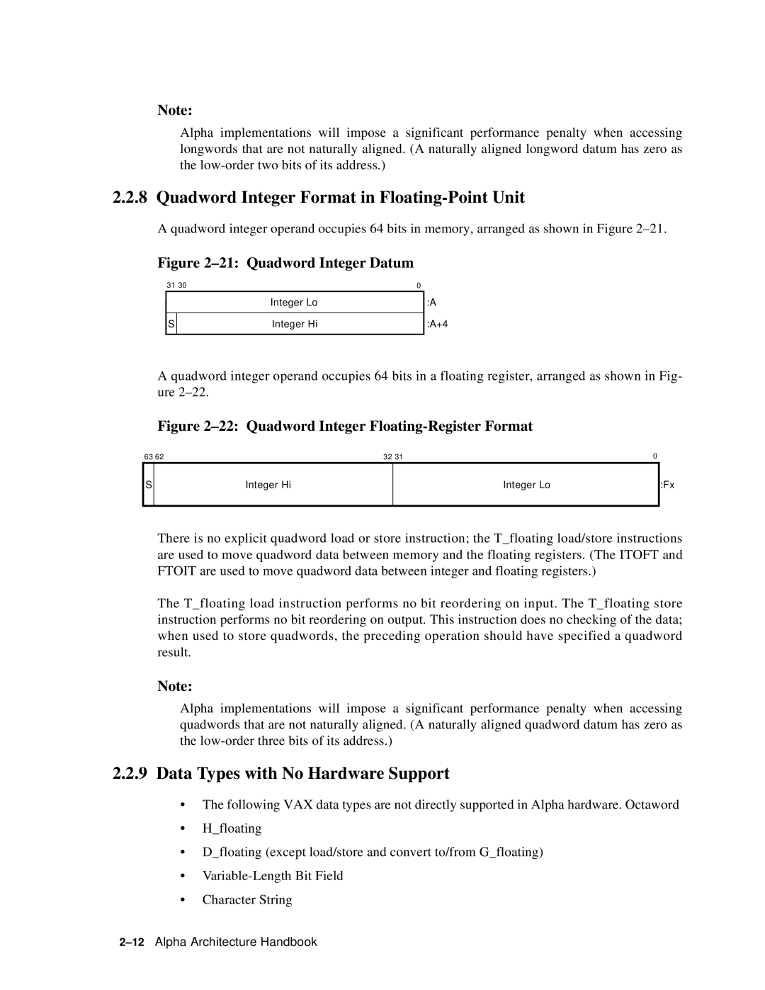 Compaq ECQD2KCTE manual Quadword Integer Format in Floating-Point Unit, Data Types with No Hardware Support 