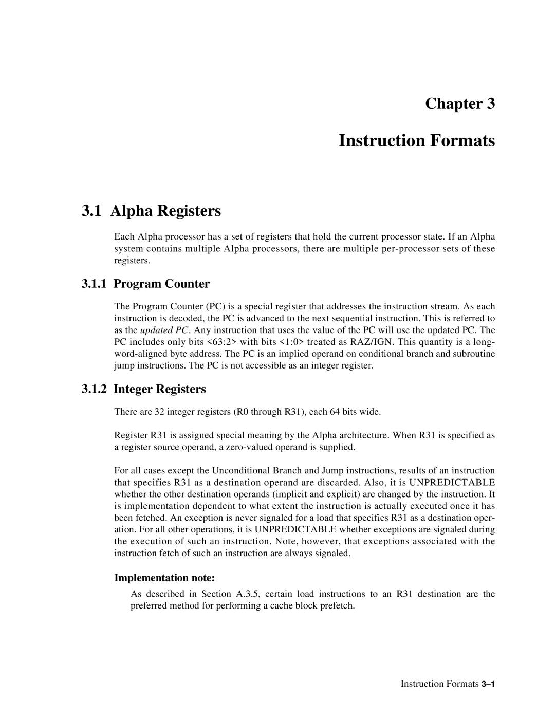 Compaq ECQD2KCTE manual Alpha Registers, Program Counter, Integer Registers, Implementation note 