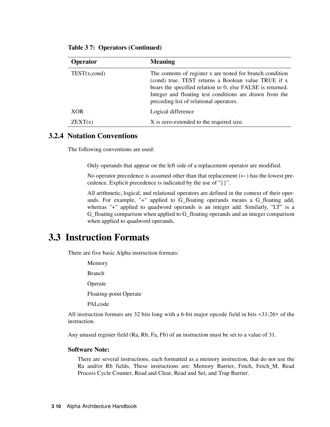 Compaq ECQD2KCTE manual Instruction Formats, Notation Conventions, Software Note, Xor 