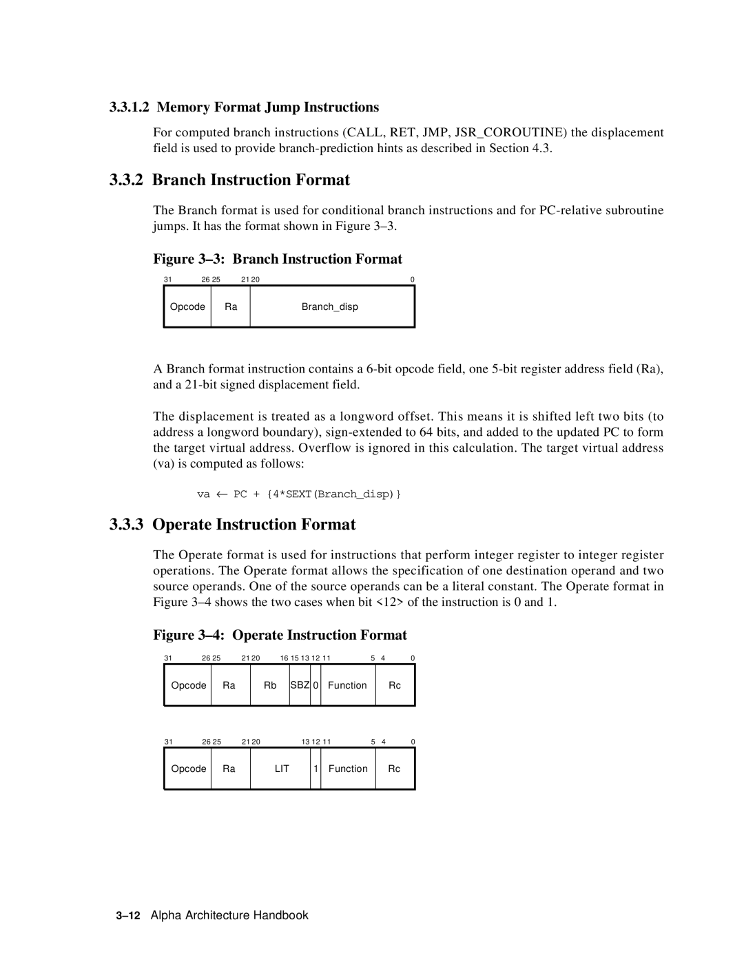 Compaq ECQD2KCTE manual Branch Instruction Format, Operate Instruction Format, Memory Format Jump Instructions 