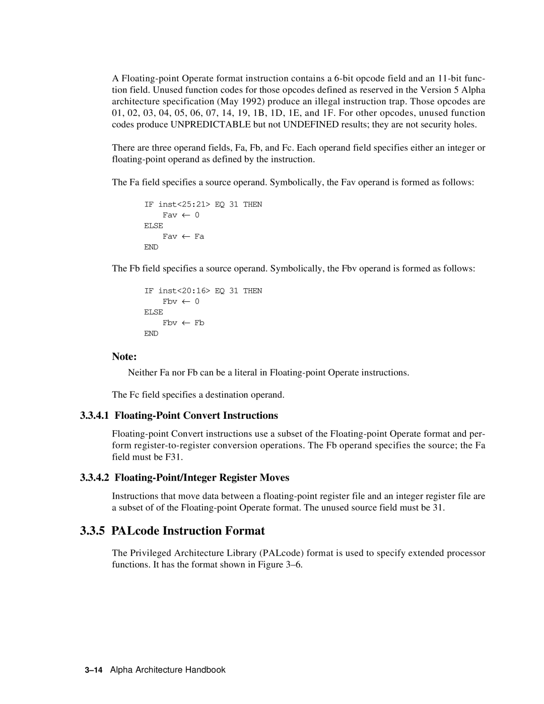 Compaq ECQD2KCTE PALcode Instruction Format, Floating-Point Convert Instructions, Floating-Point/Integer Register Moves 