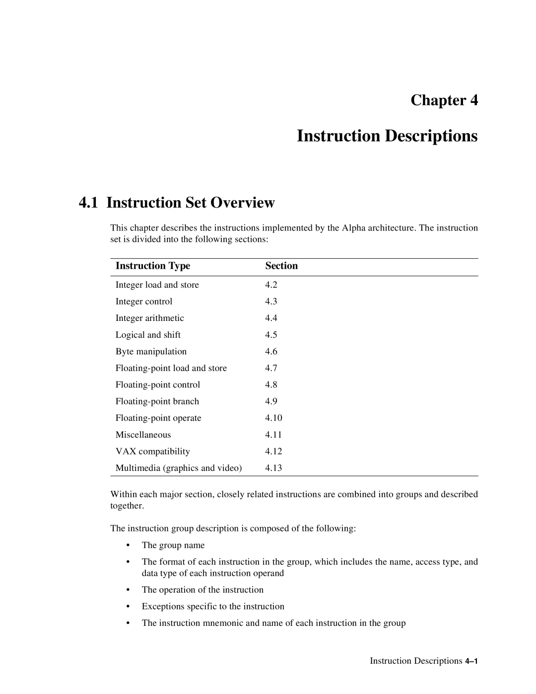 Compaq ECQD2KCTE manual Instruction Set Overview, Instruction Type Section 