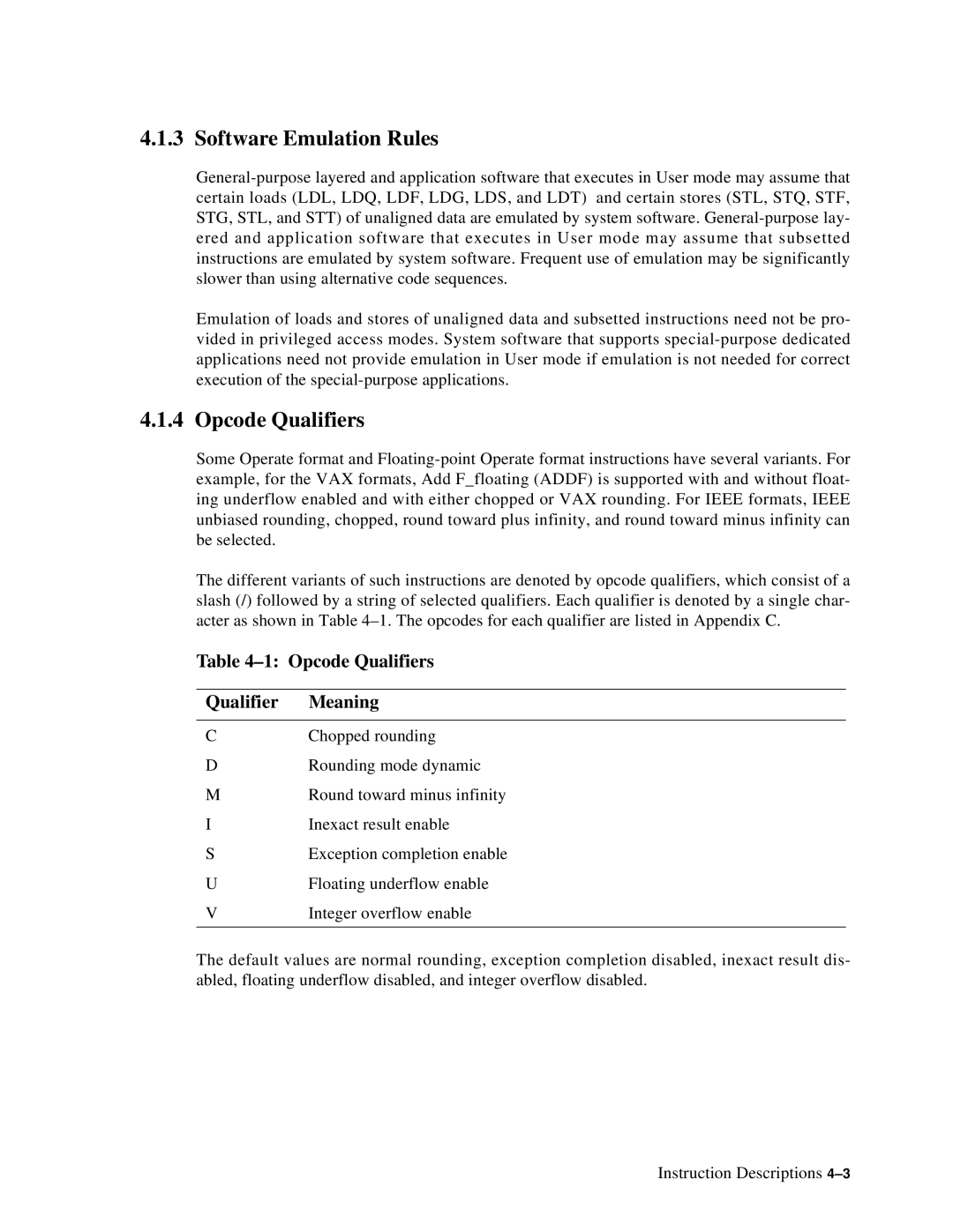 Compaq ECQD2KCTE manual Software Emulation Rules, Opcode Qualifiers Meaning 