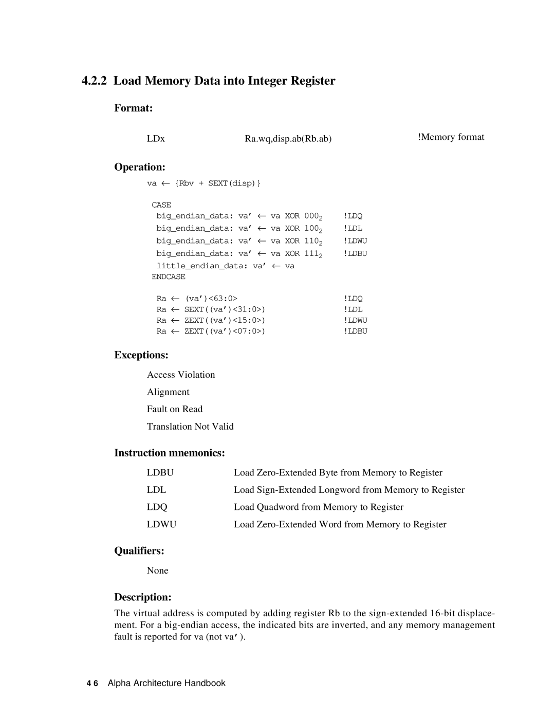 Compaq ECQD2KCTE manual Load Memory Data into Integer Register, Ldl 