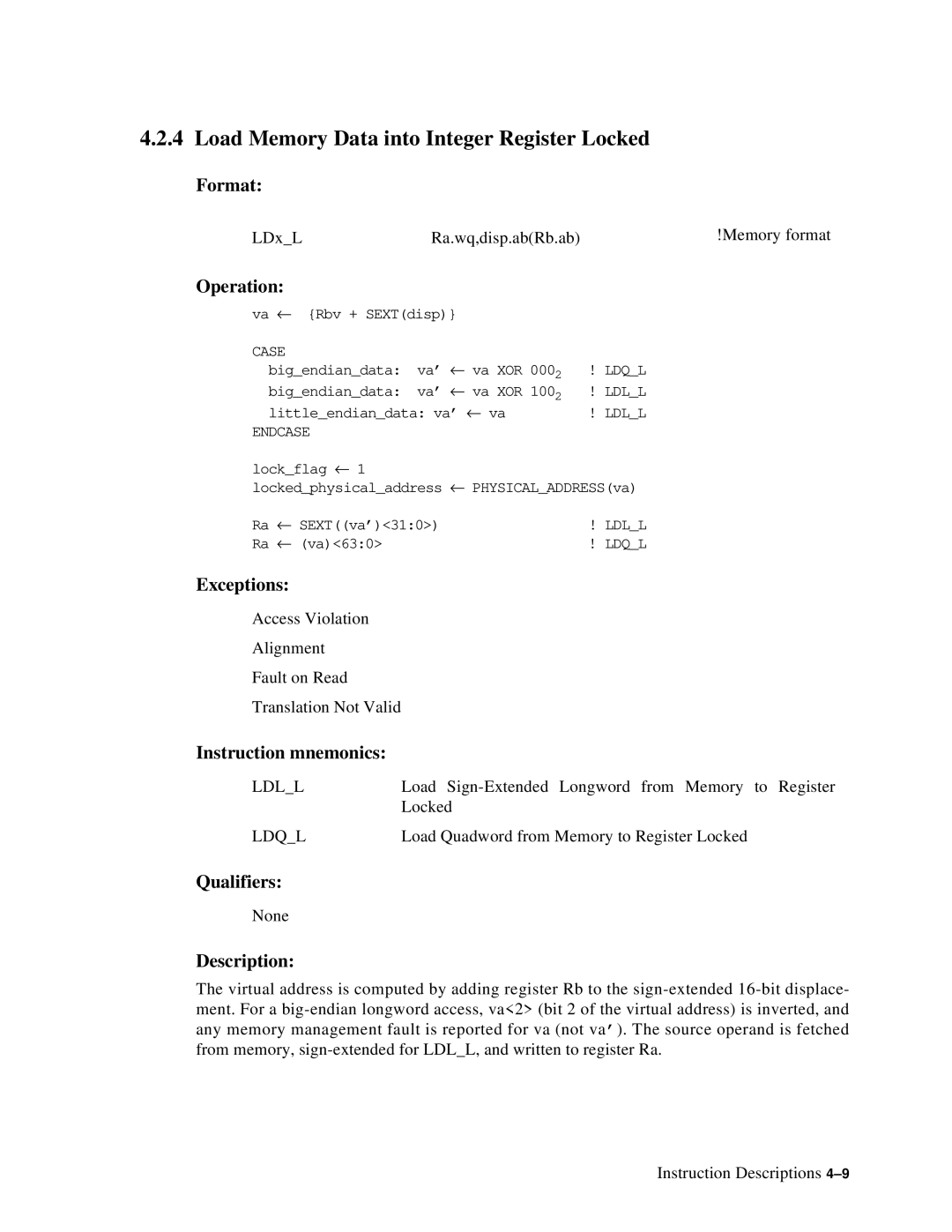 Compaq ECQD2KCTE manual Load Memory Data into Integer Register Locked, Ldll 