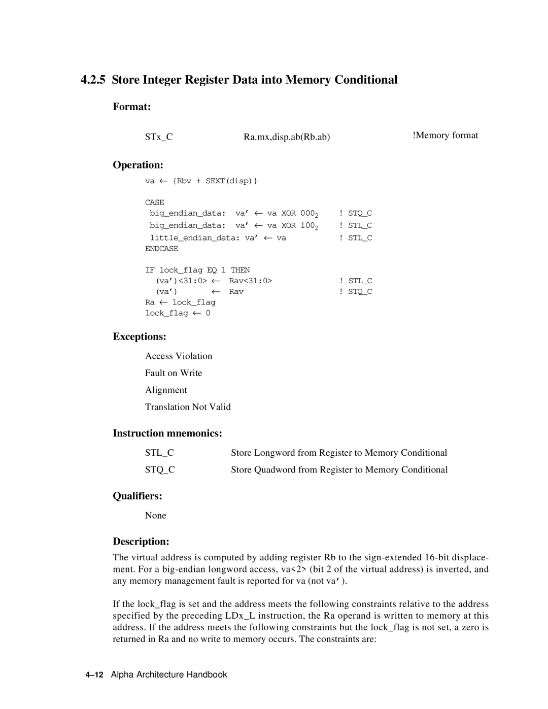 Compaq ECQD2KCTE manual Store Integer Register Data into Memory Conditional, Format 