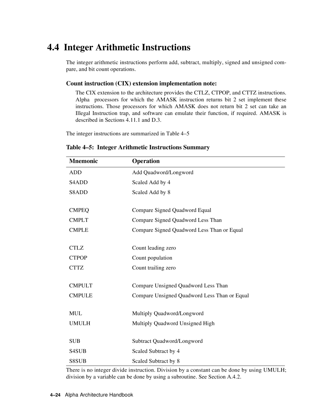 Compaq ECQD2KCTE manual Integer Arithmetic Instructions, Count instruction CIX extension implementation note 