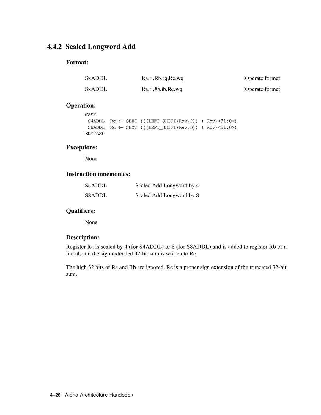 Compaq ECQD2KCTE manual Scaled Longword Add, S4ADDL, S8ADDL 