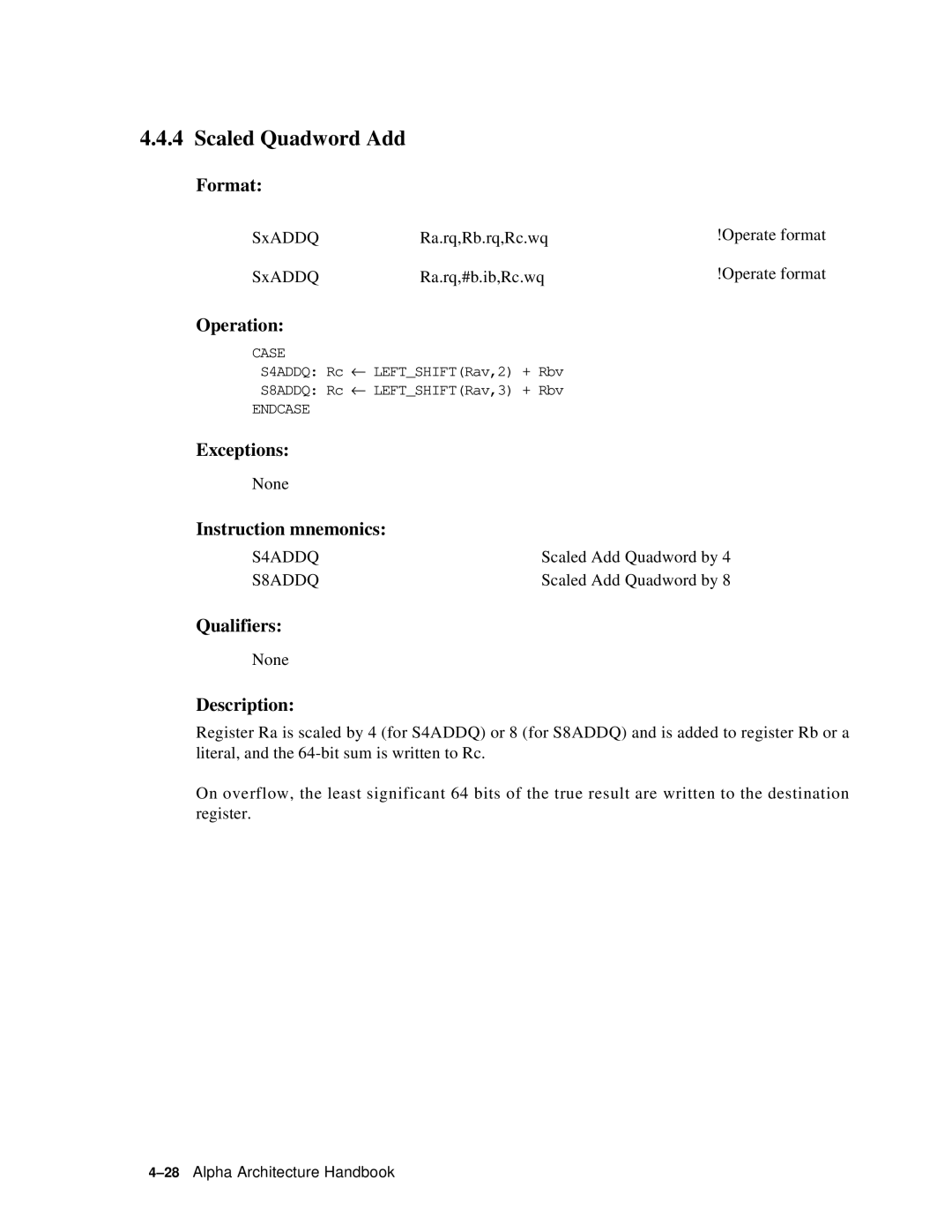 Compaq ECQD2KCTE manual Scaled Quadword Add, S4ADDQ, S8ADDQ 