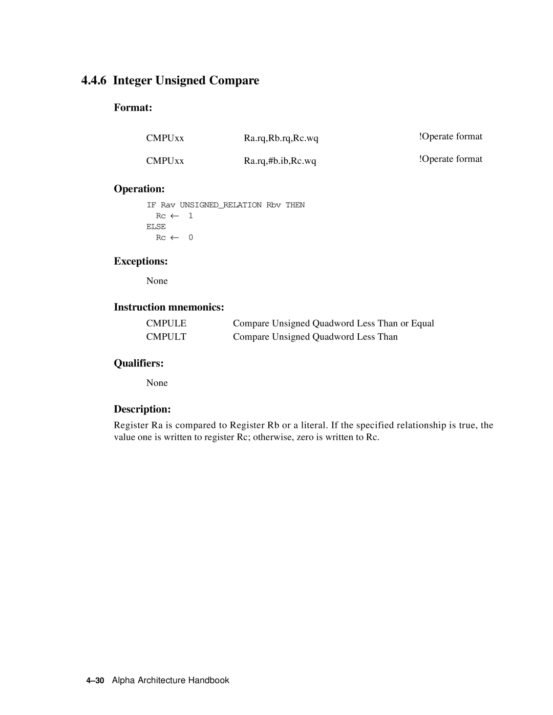 Compaq ECQD2KCTE manual Integer Unsigned Compare, Cmpule 