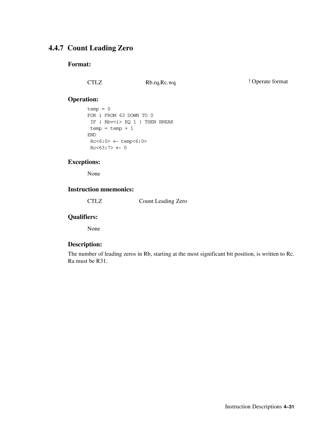 Compaq ECQD2KCTE manual Count Leading Zero, Ctlz 