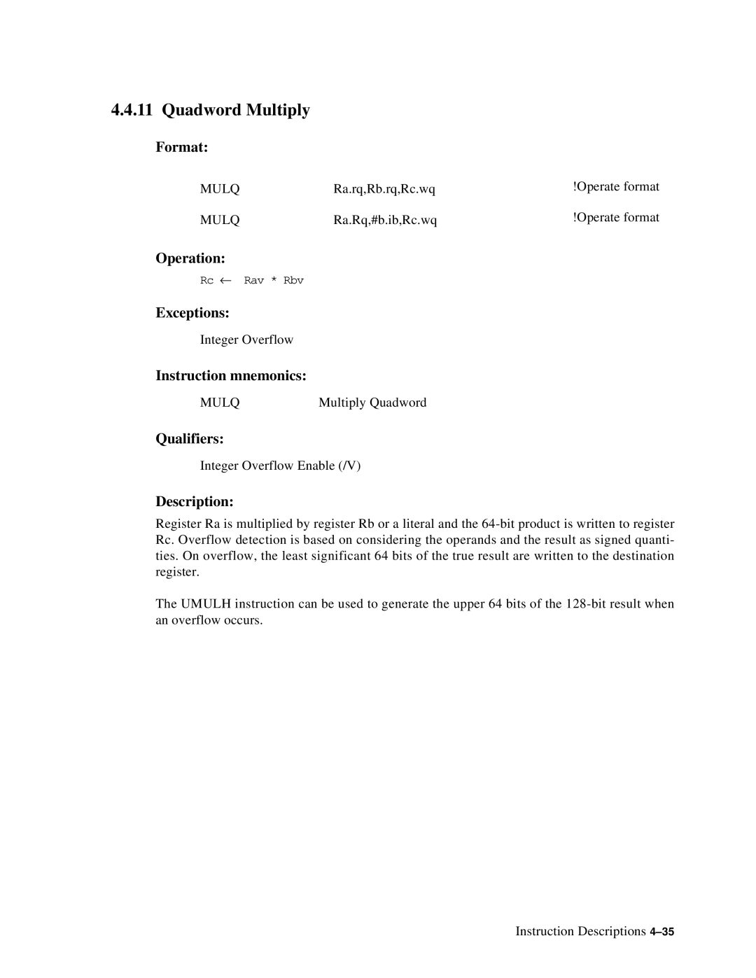 Compaq ECQD2KCTE manual Quadword Multiply, Mulq 