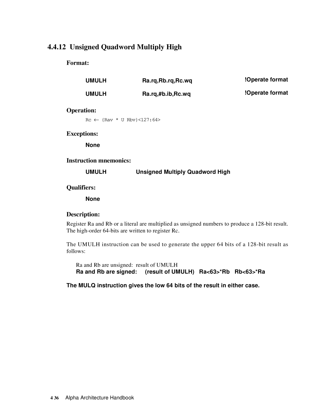 Compaq ECQD2KCTE manual Unsigned Quadword Multiply High, Umulh 