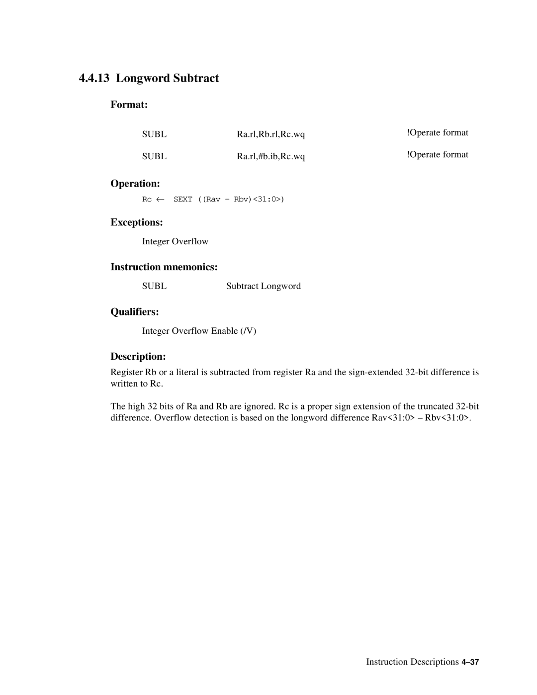 Compaq ECQD2KCTE manual Longword Subtract, Subl 