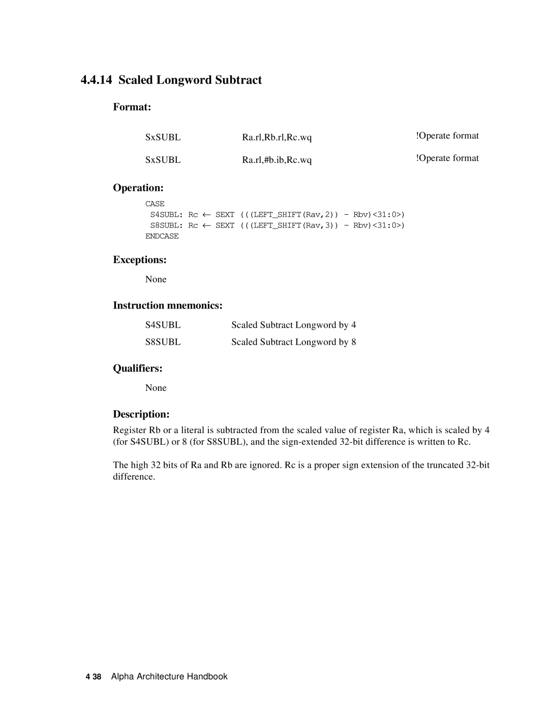 Compaq ECQD2KCTE manual Scaled Longword Subtract, S4SUBL, S8SUBL 