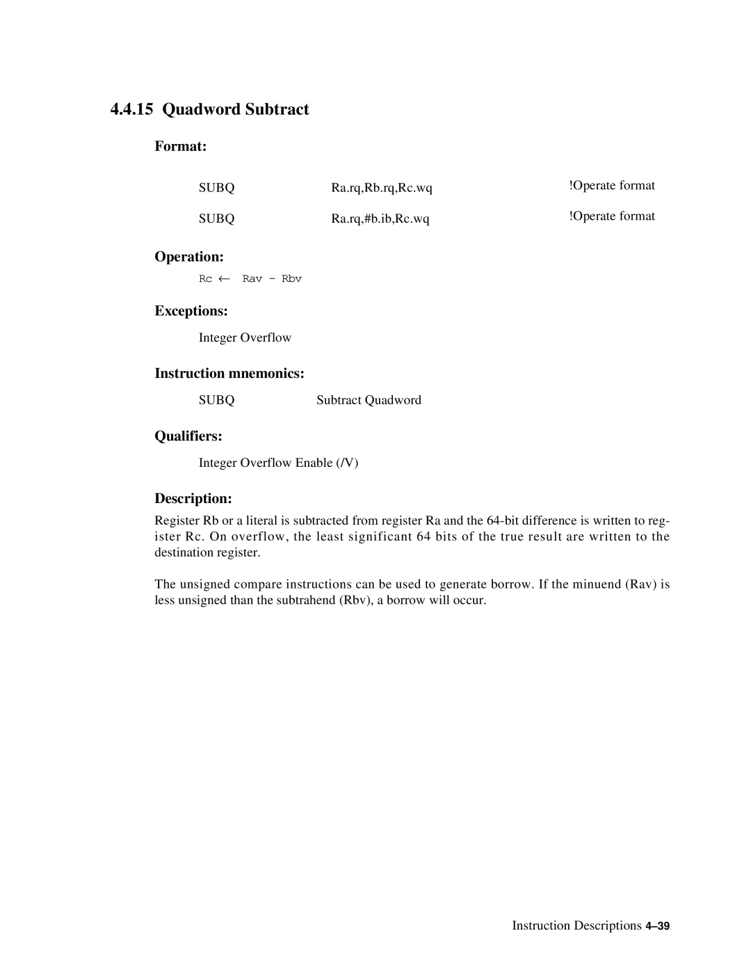 Compaq ECQD2KCTE manual Quadword Subtract, Subq 